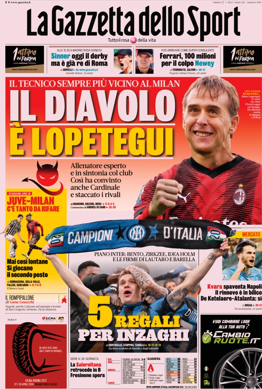 Prima pagina La Gazzetta dello Sport 27 aprile 2024